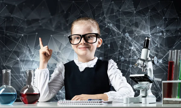 Clever Little Girl Scientist Glasses Desk Laboratory Class Research Education — Stock Photo, Image