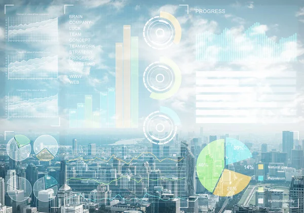 Данные Фондового Рынка Фоне Современного Городского Пейзажа Виртуальный Интерфейс Онлайн — стоковое фото