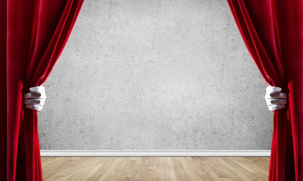 Close Hands White Glove Open Red Velvet Curtain — Stock Photo, Image