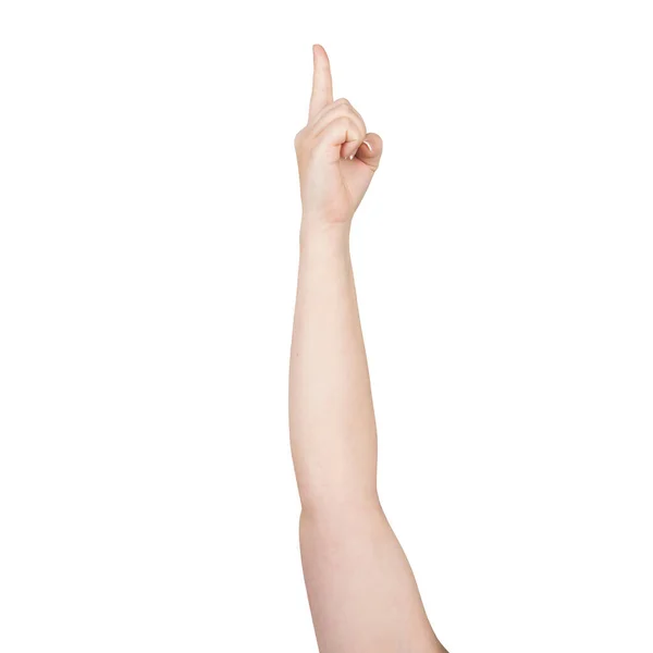 Ręka Kobiety Pokazująca Palec Wskazujący Gest Palcem Wskazującym Ludzka Ręka — Zdjęcie stockowe