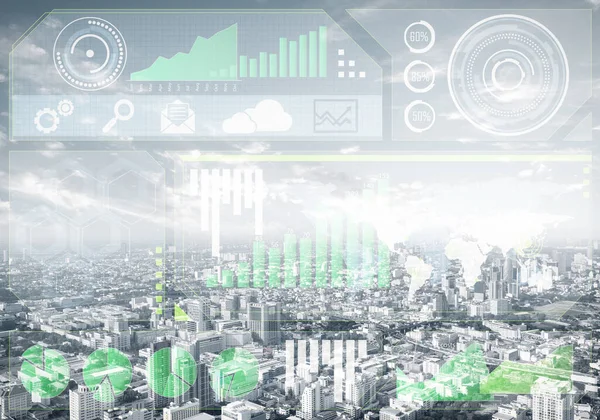 Forex trading business concept with abstract financial graphics on background of modern city skyline. Stock exchange market graph analysis. Digital analytics and statistics. Stats and economy.