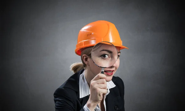 Technical Inspector Looking Magnifying Glass Woman Civil Engineer Orange Safety — Stock Photo, Image