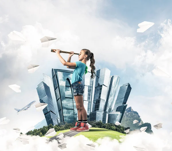 Cute Kid Girl City Floating Island Looking Spyglass — Stock Photo, Image