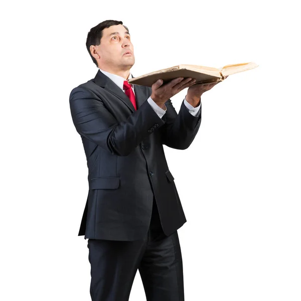 Senior Businessman Holding Book Looking Portrait Adult Man Business Suit — Stock Photo, Image