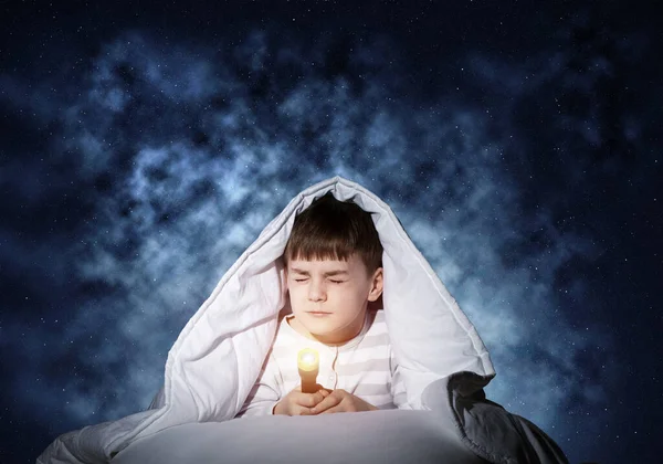 Frightened Child Flashlight Hiding Blanket Scared Kid Closed Eyes Lying — Stock Photo, Image