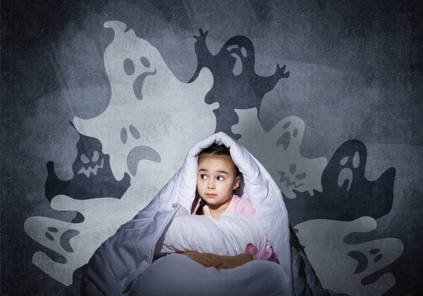 Excited Girl Hiding Blanket Imaginary Ghosts Scared Kid Sitting His — Stock Photo, Image