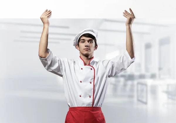 Chef Joven Con Letrero Blanco Sobre Cabeza Chef Uniforme Blanco — Foto de Stock