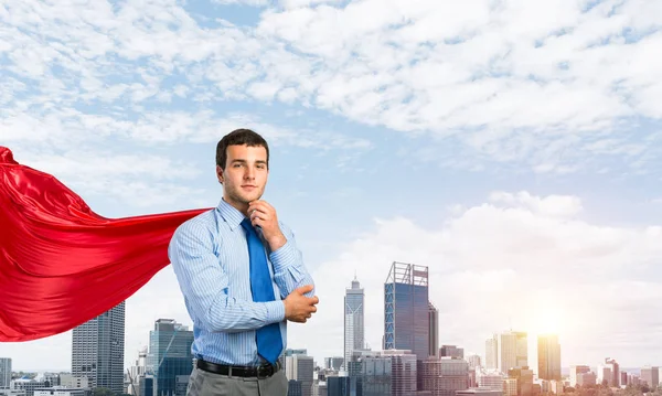 Young Pensive Businessman Wearing Red Cape Modern City Background — Stock Photo, Image