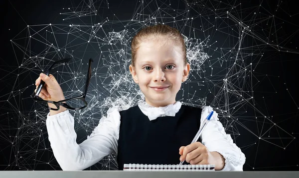 Smiling Little Girl Schoolwear Doing Her Homework Time Study Concept — Stock Photo, Image
