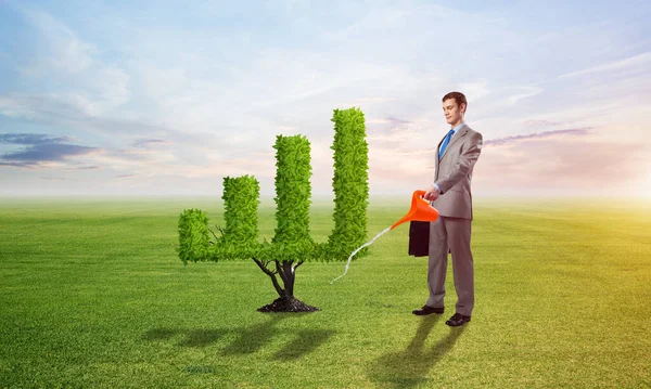 Businessman watering green plant in shape of financial graph at field. Business analytics and statistics. Friendly ecosystem for business and investment. Business growth and development.