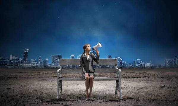 Business Woman Megaphone Sitting Wooden Bench Female Speaker Shouting Loudspeaker — Stock Photo, Image