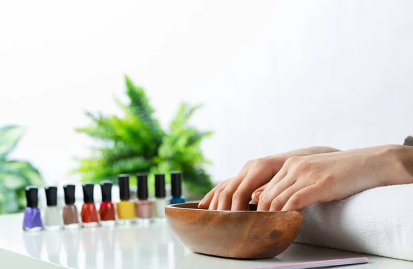 Closeup Female Hands Wooden Bowl Water Spa Procedure Relaxation Female — Stock Photo, Image