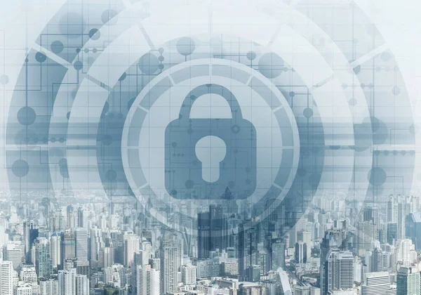 Globální Kybernetická Bezpečnost Smíšená Média Virtuálním Zámkem Pozadí Města Kryptografie — Stock fotografie