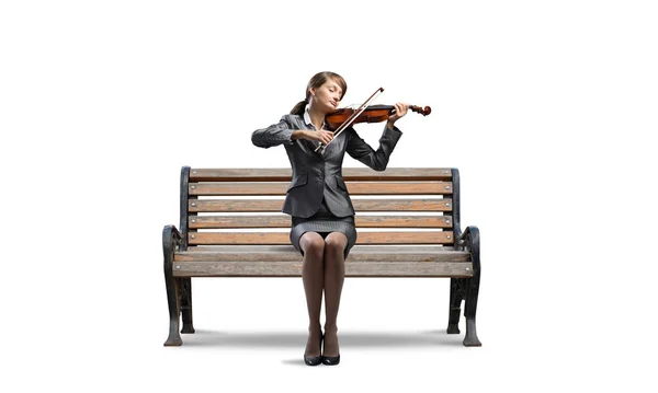 Ung Kvinna Med Violin Träbänk Pretty Girl Business Suit Sitter — Stockfoto