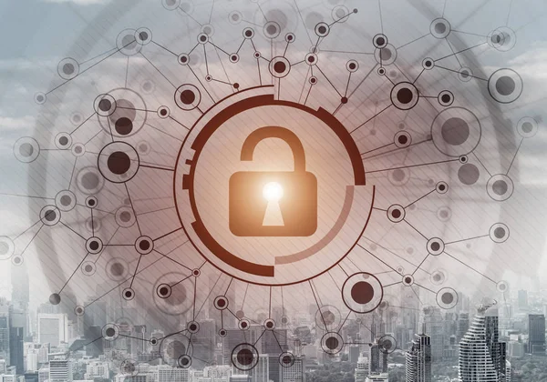 Cybersecurity mixed media with virtual locking padlock on cityscape background. Data privacy protection. Protect personal data and privacy from cyberattack. Internet identity and access management