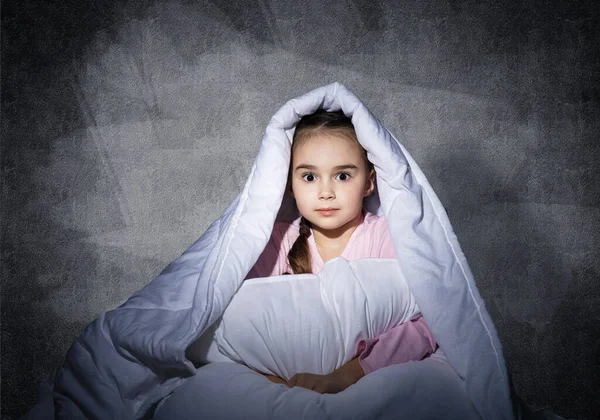 Frightened Girl Hiding Blanket Scared Kid Lying His Bed Home — Stock Photo, Image