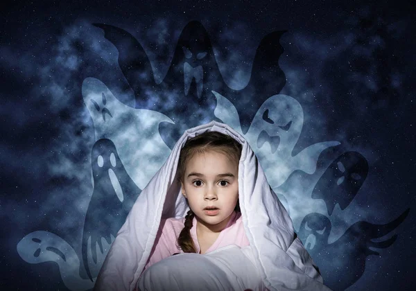 Scared girl hiding under blanket. Startled kid sitting in bed on night sky background. Little girl afraid of dark. Covered child not sleep at night. Fearful girl in pajamas and imaginary monsters.