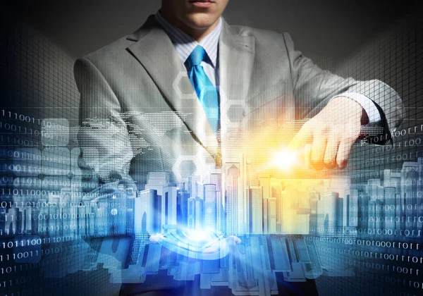 Businessman Touching Colorful Hologram Modern Business District Model Architect Presenting — Stock Photo, Image