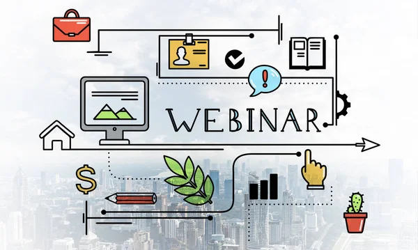 Internet webinar linear sketch on background of modern cityscape. E-learning and business training concept. Mind map webcast of educational content. Commercial marketing and business presentation.