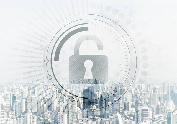 暗号と暗号化アルゴリズムの概念 リスク管理と専門的な保護 都市のスカイラインを背景に仮想南京錠ホログラム ビジネスのための革新的なセキュリティソリューション — ストック写真