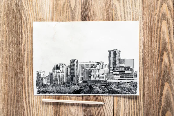 Big City Skyline Pencil Draw Textured Wooden Background Panorama Modern — ストック写真