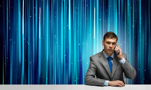 Internet Consultant Talking Phone Businessman Sitting Desk Abstract Matrix Background — Stock Photo, Image