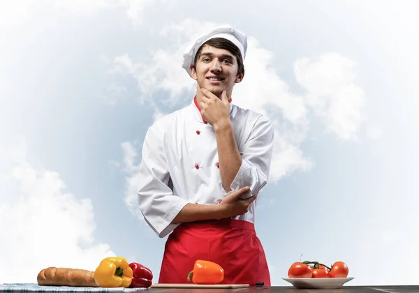 Young Male Chef Standing Kitchen Table Vegetables Happy Smiling Chef — Stock Photo, Image