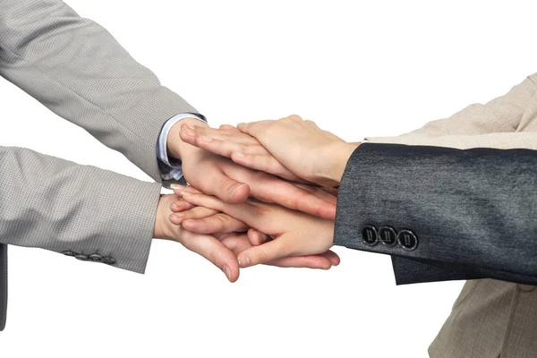 Close Businesspeople Putting Hands Together White Background — Stock Photo, Image