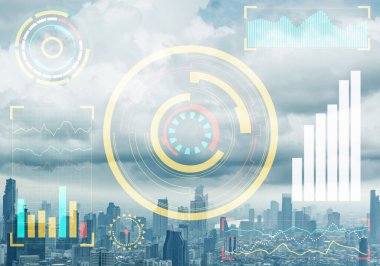 Modern şehir manzarasının arka planına ilişkin borsa verileri. Online ticaret platformunun sanal arayüzü. Dijital ekonomik endeksler, karmaşık finansal analizler ve istatistikler. Veri analiz servisi.