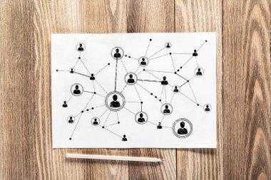 İnsan kaynakları yönetimi kalem el insan simgeleri ve kavşaklar ile çizilmiş. Ahşap yüzeyde iş alım krokisi. Ahşap masa üzerinde yatan beyaz kağıt ve kalem ile işyeri üst görünümü