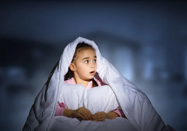 Scared Girl Pillow Hiding Blanket Startled Kid Lying His Bed — Stock Photo, Image