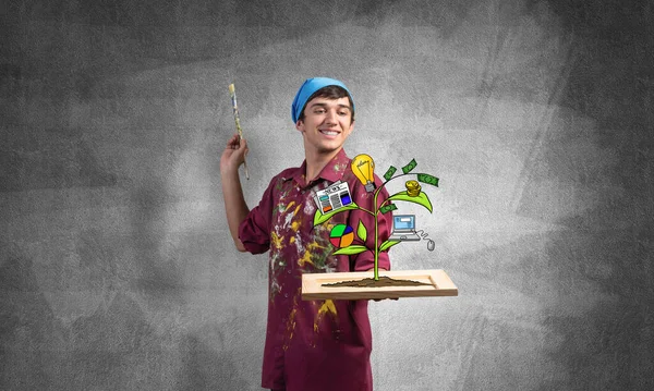 Servet Dünyasının Başarısını Resmeden Genç Bir Sanatçı Kirli Gömlekli Bandanalı — Stok fotoğraf