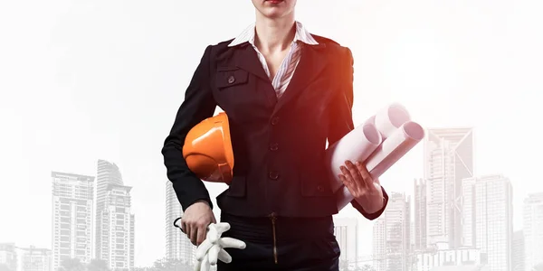 Woman Architect Standing Construction Drawings Hardhat Female Supervisor Background Modern — kuvapankkivalokuva