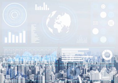 Modern ticaret bölgesinin arka planında soyut finansal grafiklerle çifte maruz kalma konsepti. Dijital ekonomi ve küresel online ticaret. Yatırım yönetimi ve strateji planlaması