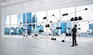 3D ofis içi ve sosyal bağlantı kavramındaki zarif iş adamı. Karışık ortam