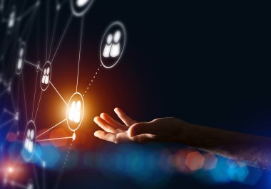 Koyu arkaplan üzerinde sosyal bağlantı çizgileri olan arkaplan kavramsal resmi