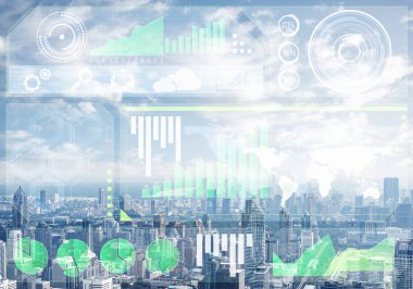 Modern şehir manzarasının arka planında soyut finansal grafiklerle çifte maruz kalma konsepti. Ticaret ve küresel finans piyasaları kavramı. Dijital ekonomi, analitik ve istatistik.