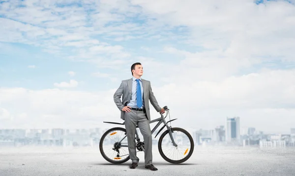 Uomo Dirigente Ufficio Giacca Cravatta Con Bici Uomo Affari Con — Foto Stock