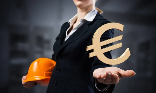 Businesswoman Holds Palm Euro Currency Sign Woman Trader Business Suit — Stock Photo, Image