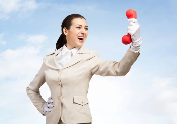 Expressive Woman Shouting Red Handset Phone Operator Business Suit Standing — Stock Photo, Image