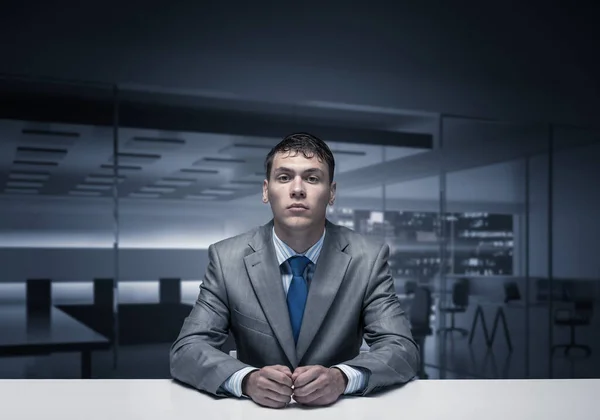 Young Man Folded Hands Having Serious Calm Face Businessman Has — Stock Photo, Image