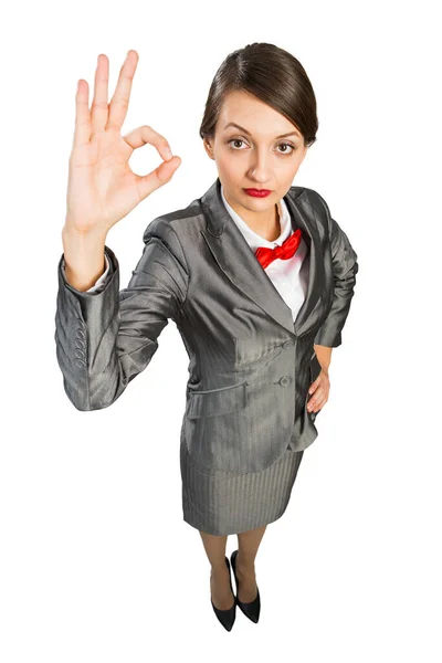 Top View Young Cheerful Businesswoman White Showing Gesture — Stock Photo, Image