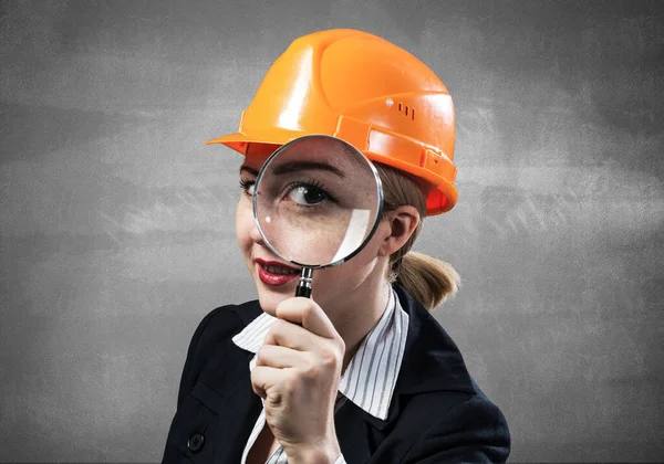 Professional Appraiser Looking Magnifying Glass Woman Civil Engineer Safety Helmet — Stock Photo, Image