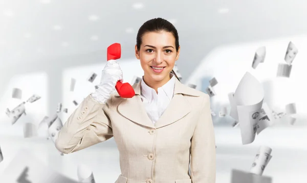 Smiling Young Woman Holding Retro Red Phone Office Flying Paper — Stock Photo, Image