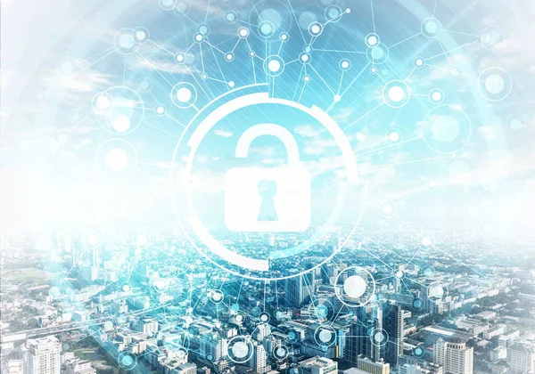 Cybersecurity Mixed Media Mit Virtuellem Schloss Auf Stadtbild Hintergrund Datenschutz — Stockfoto