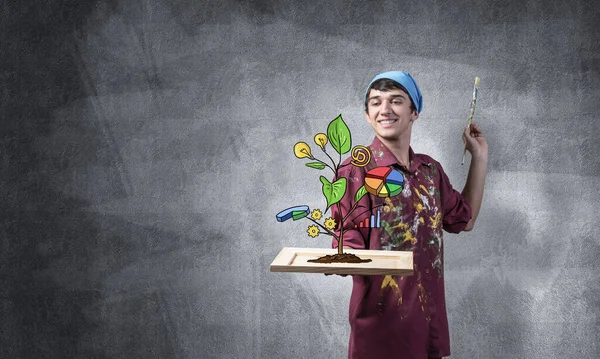 Joven Artista Dibujando Planta Riqueza Éxito Empresarial Pintor Feliz Camisa —  Fotos de Stock