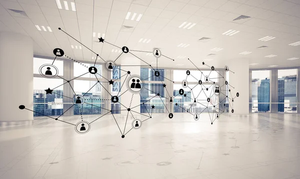 Lines connected with dots as social communication concept in office interior. 3D rendering