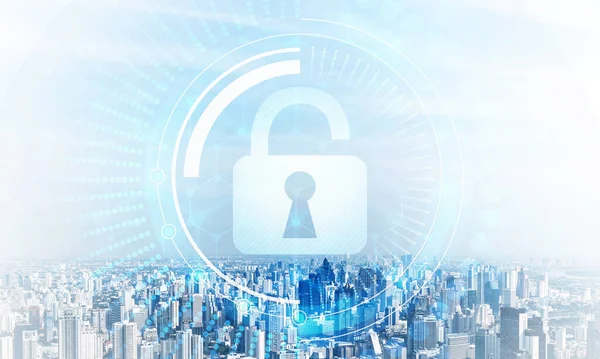 Global Cybersecurity Mixed Media Virtual Locking Padlock Cityscape Background Data — Stock Photo, Image