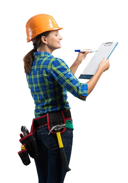 Junger Architekt Arbeitskleidung Isoliert Auf Weißem Hintergrund Seitenansicht Eines Bauarbeiterstudenten — Stockfoto