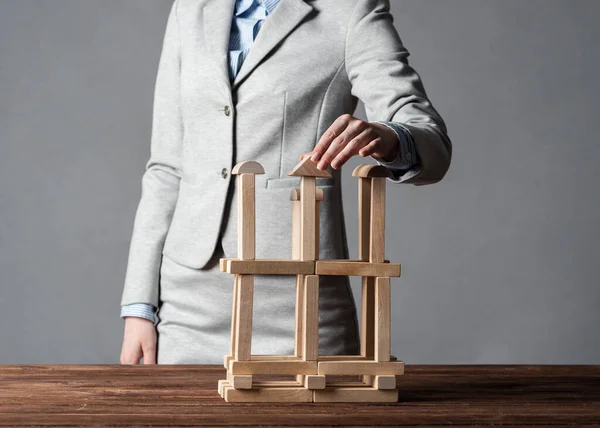 Business Woman Building Construction Table Wooden Blocks Strategy Planning Company — Stock Photo, Image